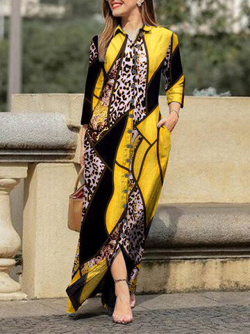 Maxi robe chemise léopard de couleur contrastée