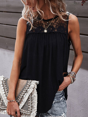 Solid Color O-neck Lace Tank Top