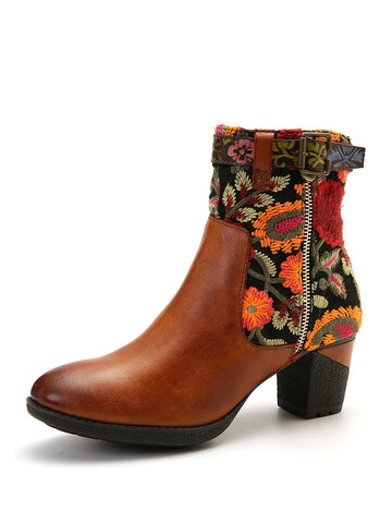 Embroidered Pattern Stitching Ankle Boots