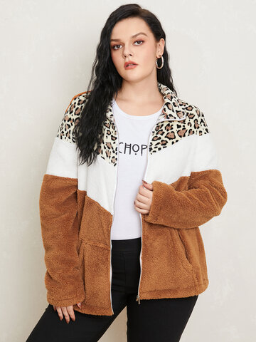 Veste léopard à bloc de couleurs avec poche patchwork zippée sur le devant
