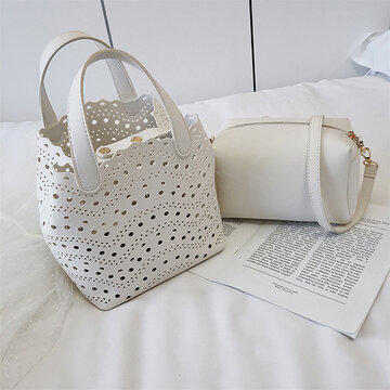 2 PCS Women Hollow Out PU Leather Bucket Bag