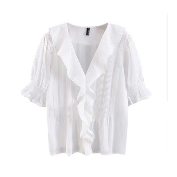 

Shirt Women's Season New Temperament Shirt Super Fairy Ocean Ruffled Short-sleeved Shirt V-neck White