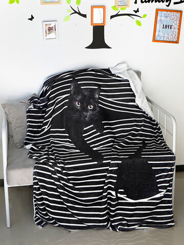 Stripe Pattern Cat Cartoon Blanket Coral Fleece Lunch Break Sofa Blanket Air Conditioning Blanket