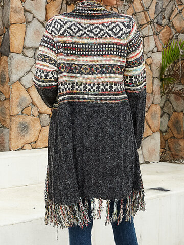 Nomadic Tribal Pattern Tassel Knit Long Sleeve Cardigan