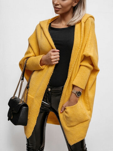 Solid Color Hooded Sweater Coat With Side Pockets For Women
