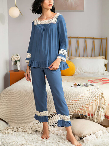 Lace Trim Long Pajamas Sets