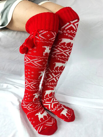 Women Christmas Elk Tube Stocking Woolen Socks Casual Knee Socks