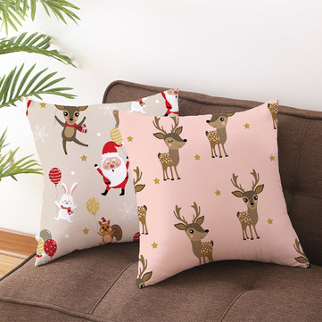 Cartoon Animals Christmas Linen Throw Pillow Case