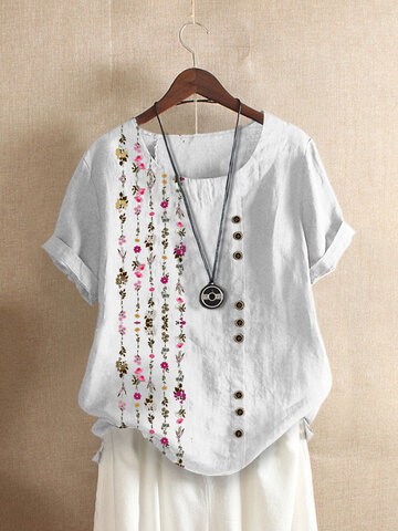 Floral Print O-neck Button T-Shirt