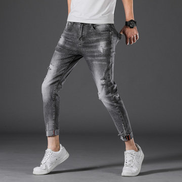 

Season New Jeans Men's Slim Hole Cuffs Students Casual Nine Pants Thin