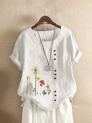 Flower Print Button T-shirt
