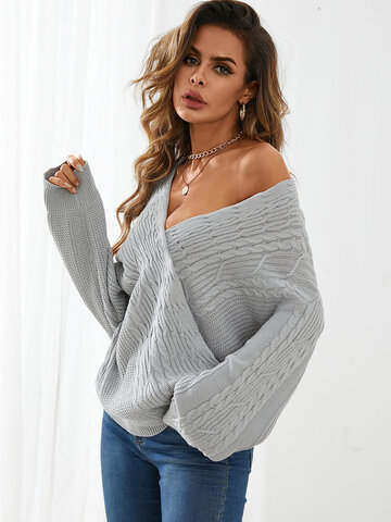 Solid Cross Wrap Cable Knit Sweater