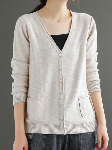 Solid Pocket Button V-neck Long Sleeve Knitted Cardigan