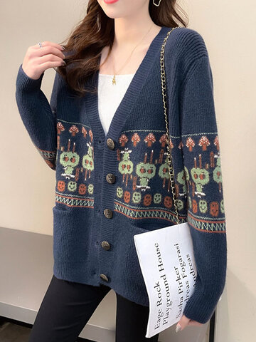 Jacquard Knitted Button Pocket Cardigan