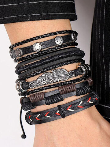 Chic New Bangles Men Jewelry Accessories PU Leather Feather Charm Bracelets YAN