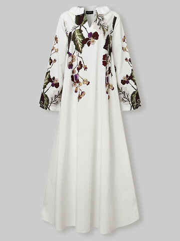 Calico Langarm V-Ausschnitt Print Kleid