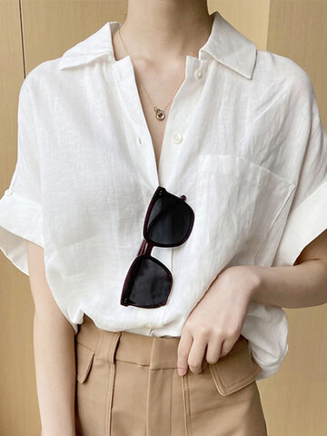Solid Pocket Button Loose Shirt
