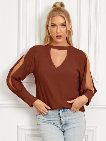 Solid Cut Out Choker Neck Blouse