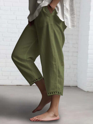 Cotton Hollow Out Cuff Cropped Pants