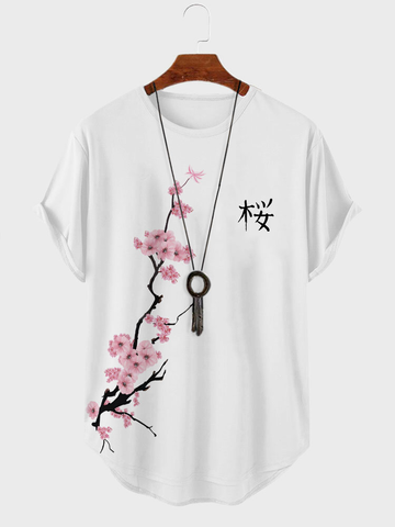Camisetas com bainha curvada em flor de cerejeira