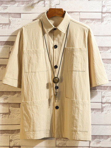 Solid Multiple Pockets Casual Shirts