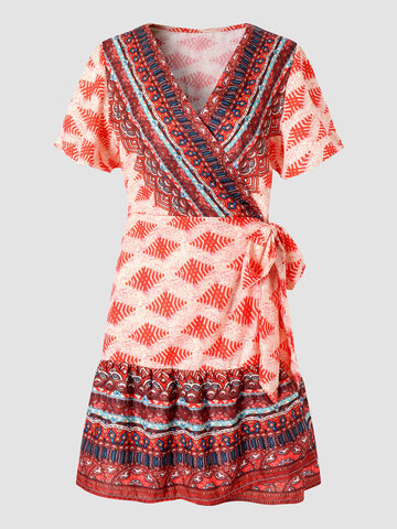 Bohemian Printed Wrap Midi Dress