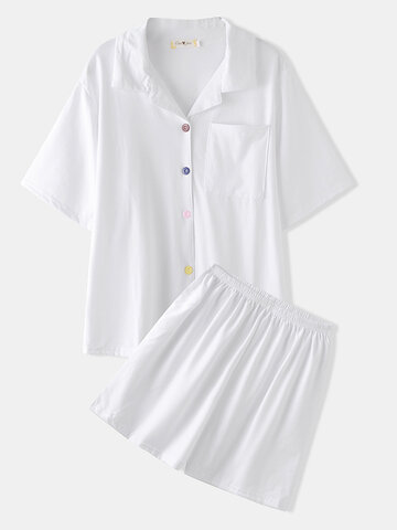 Solid Lapel Collar Pajamas Short Set