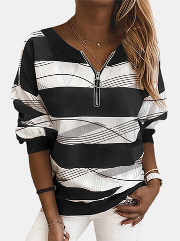 Striped Print Zipper Long Sleeves Casual Sweatshirts for Women