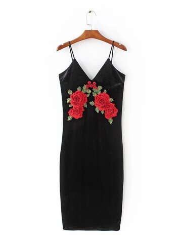 Sexy Velvet Deep V Floral Embroidered Camisole Women Dress