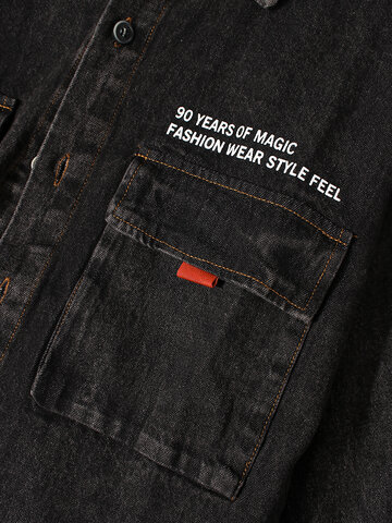 Men’s Distressed Washed Slogan Back Print Cotton Causal Cargo Denim Jacket