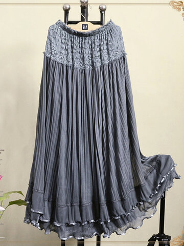 Lace Embroidery Pleated Tulle Skirt
