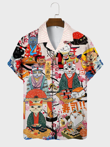 Japanese Cat Sushi Print Shirts