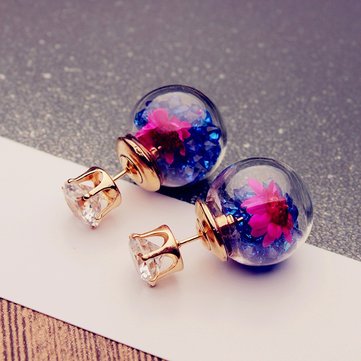 925 Silver Double Side Earring Sweet Flower Wishing Ball Crystal Zirconia Stud Earrings for Women