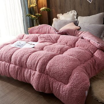 

Thicken Shearling Blanket Winter Soft Warm Bed Quilt, White pink camel