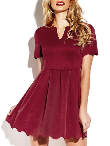 Burgundy Pleated V-neck Short Sleeve Mini Dress For Women