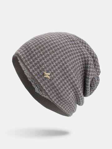 Men Plus Velvet Plaid Pattern Outdoor Long Beanie Hat