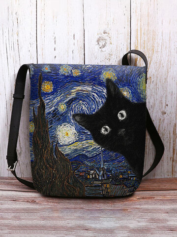 Black Cat Pattern Print Colorful Galaxy Felt Bag Crossbody Bag