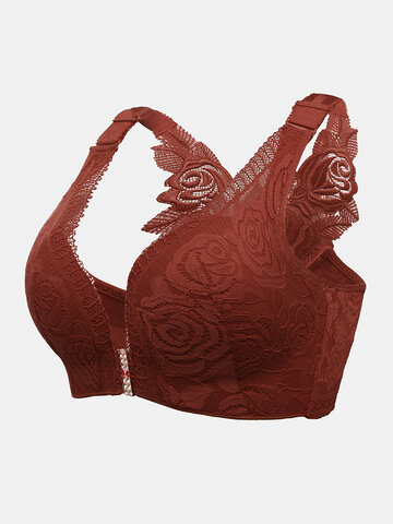 Wireless Rose Embroidery Back Front Closure Bras