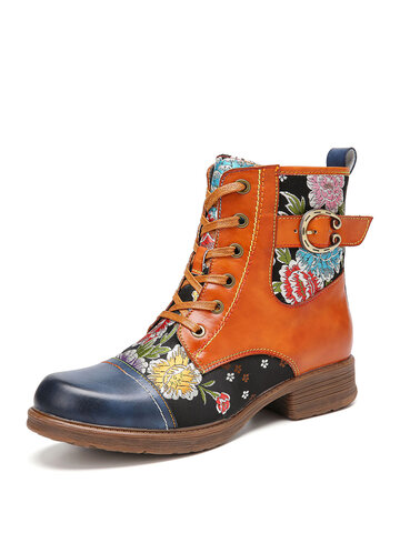 Flowers Embroidery Leather Splicing Zipper Ankle Boots