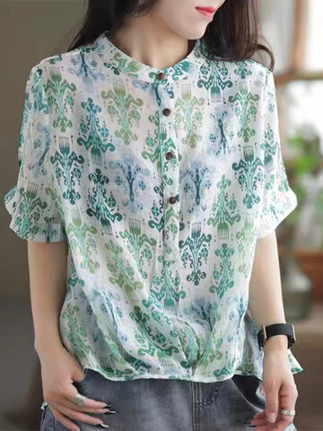 Allover Print Stand Collar Blouse