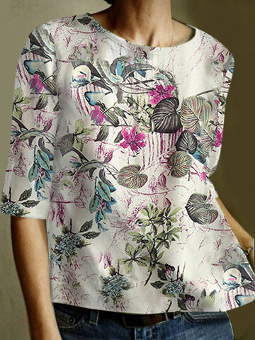 Allover Plants Print Casual Blouse