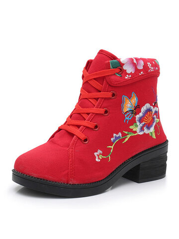 Folkways Floral Embroidery Comfy Lace-up Short Boots