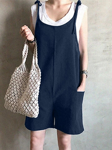 Solid Knotted Casual Cotton Romper