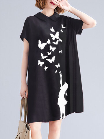 Figure Butterfly Pattern Pocket Casual Dress