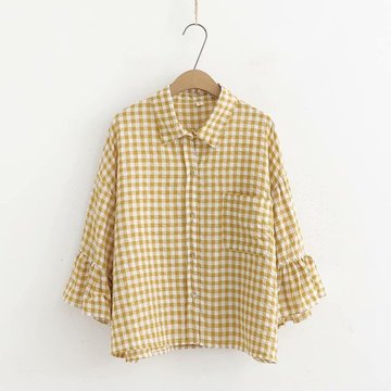 

Season New Japanese Small Fresh Girl Lapel Shirt Loose Bat Sleeve Plaid Shirt Female Student S27285
