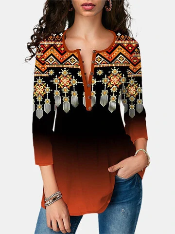 Ethnic Pattern Print Button Casual T-Shirt