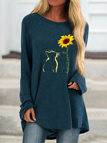 Cartoon Cat Sunflower T-shirt