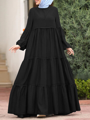 Muslim Solid Color Pleated Dress