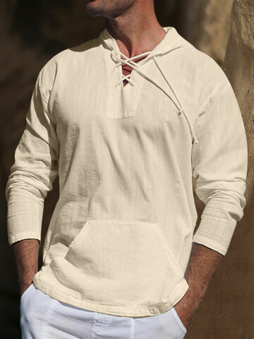 Solid Lace-Up Hooded T-Shirts