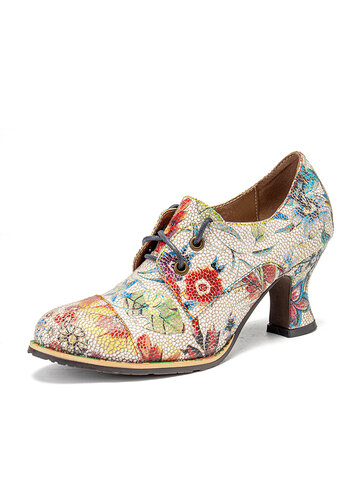 SOCOFY Fresh Natural Flowers Leaves Printed Chunky Heel Casual Lace Up Pumps